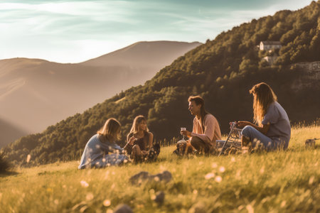 Group of friends sitting on the grass and reading a book in the mountainsの素材