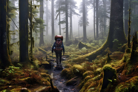 Hiker with backpack hiking in the misty rainforest. Nature background.の素材