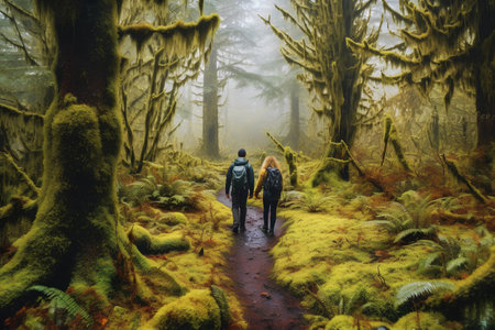 Digital painting of a couple walking through a misty forest in New Zealandの素材