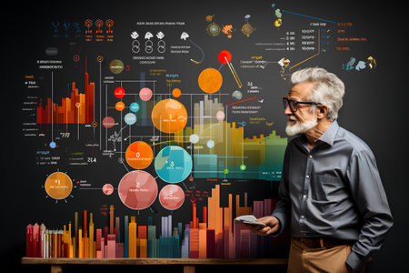 Portrait of a senior businessman standing in front of a wall full of charts and graphsの素材