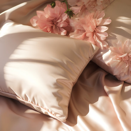 Soft beige and beige pillows with peony flowers on the bedの素材