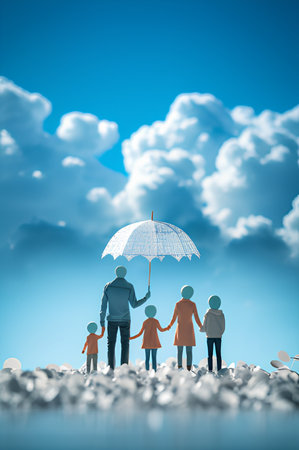 family with umbrella on the sky background. 3d render illustration.の素材