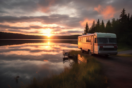Camper car on the lake at sunset. Concept of RV camping.の素材
