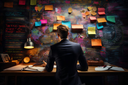 Back view of young businessman sitting at desk in office and looking at colorful sticky notes on wallの素材