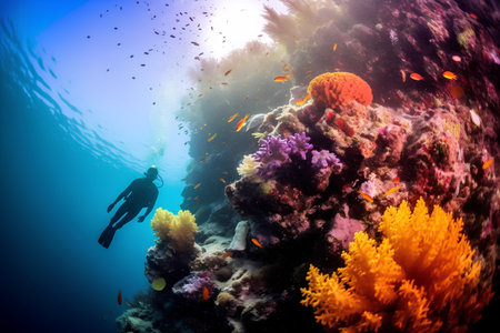 Scuba diver and colorful tropical coral reef in the Red Sea.の素材