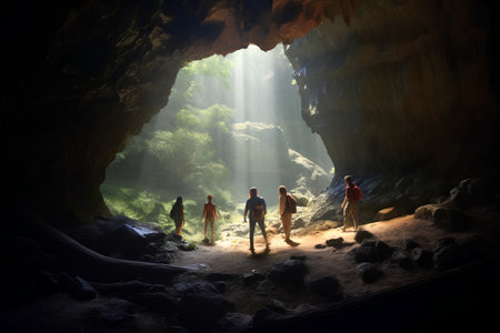 Tourists at the entrance of a cave with light rays coming throughの素材