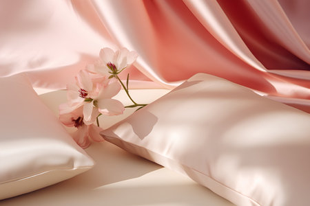 Pillows and flowers on a soft satin background. 3d renderingの素材