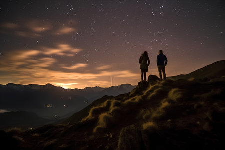Couple standing on top of a mountain and looking at the starry skyの素材