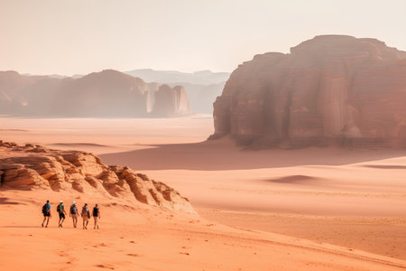 Wadi Rum desert in Jordan. Tourists with backpacks walk through the sand.の素材