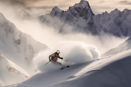 Skier in the mountains at sunset. Caucasus Mountains, Georgia, region Gudauri.の素材