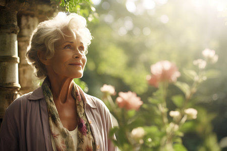 Portrait of an elderly woman in the garden on a sunny dayの素材