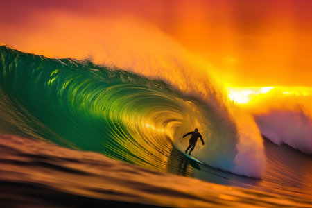 Surfer on the wave at sunset. Surfer on ocean waveの素材