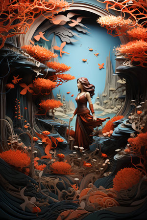 3d illustration of a fantasy landscape with a woman in a long dressの素材