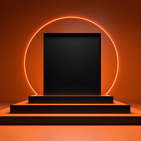 Stage podium with lighting, Stage Podium Scene with for Award Ceremony on orange Background.の素材