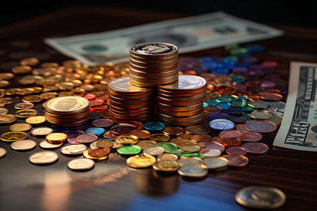 Coins and money on the table. Business and finance concept.の素材