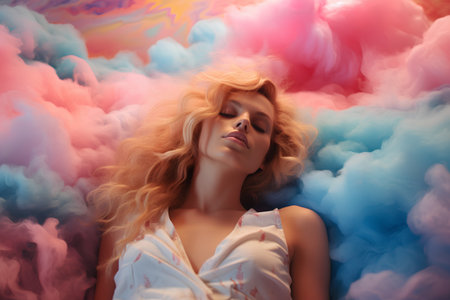 Beautiful young woman with long curly hair lying in the clouds.の素材
