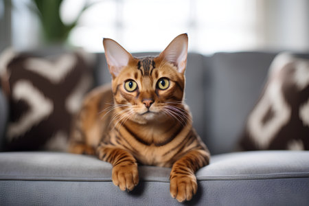 Cute bengal cat lying on sofa and looking at cameraの素材