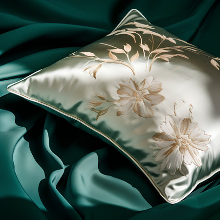 3d rendering of a turquoise silk background with a golden pillowの素材
