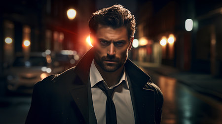 Portrait of a handsome young man in a business suit on a night city street.の素材