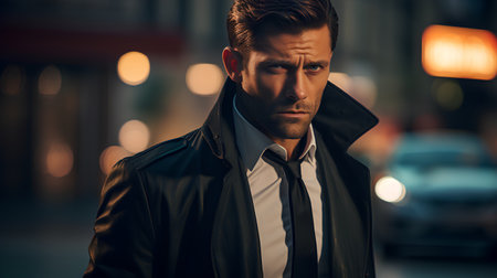 Portrait of a handsome man in a black jacket. Men's beauty, fashion.の素材