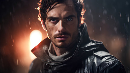 Portrait of a handsome man in a raincoat on a dark background.の素材