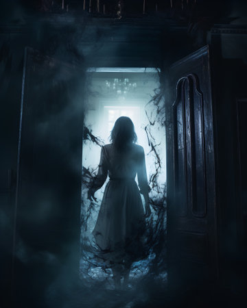 Zombie girl coming out of the door. Halloween concept. 3D Renderingの素材