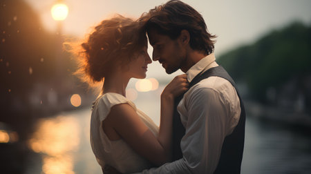 Young romantic couple in love hugging each other on the background of the city.の素材