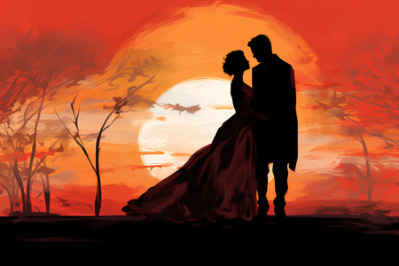 Silhouette of bride and groom on sunset background. Vector illustrationの素材