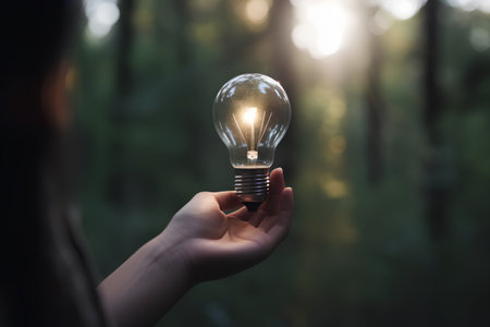 Woman hand holding a light bulb on nature background. Eco concept.の素材