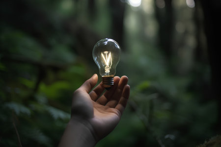 Hand holding a light bulb in the forest. Business and inspiration concept.の素材