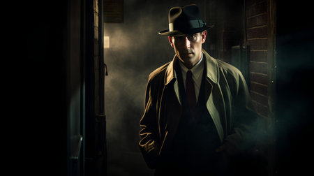 Retro gangster with hat and jacket in a dark room.の素材
