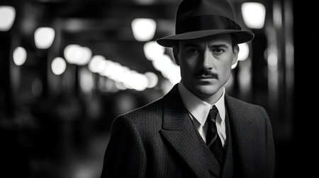 Retro 1920s gangster man wearing a fedora hat and jacketの素材