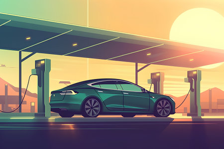 Electric car charging at the gas station. Vector illustration in retro styleの素材