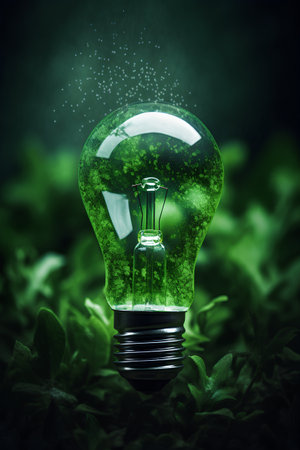 Green energy concept with light bulb on grass background. 3D renderingの素材