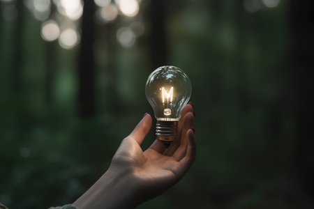 Human hand holding a light bulb in the forest. Eco energy concept.の素材