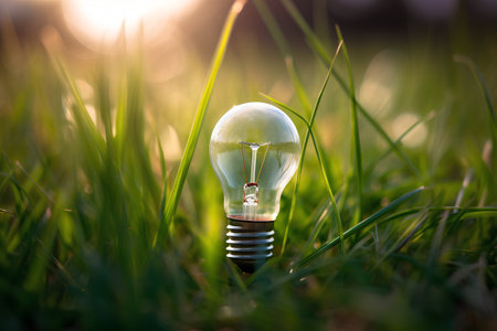 Light bulb in the grass. Conceptual photo of idea and innovation.の素材