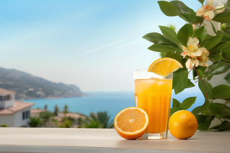 Glass of fresh orange juice on wooden table and summer landscape background.の素材