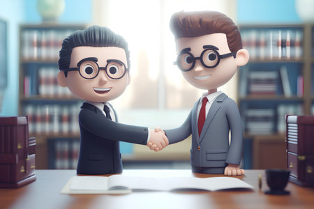 Two businessmen shaking hands in office. Successful deal concept. 3D rendering.の素材
