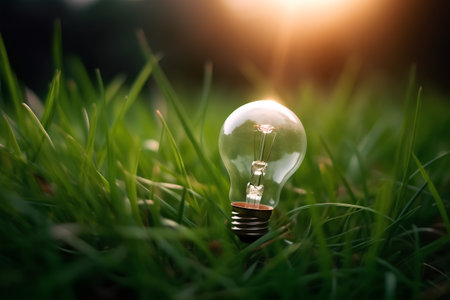 Incandescent light bulb in the green grass, energy concept.の素材