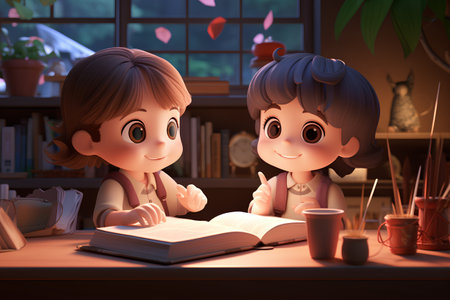 Girl and boy reading a book at the table in the living roomの素材