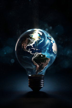 Glowing light bulb with planet Earth inside on dark background. 3D renderingの素材
