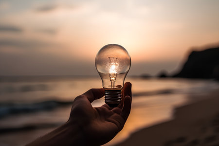 Hand holding a light bulb on the background of the sea and sunsetの素材