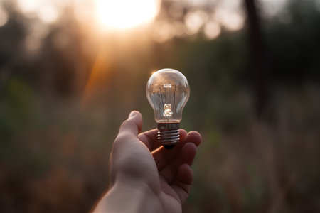 Light bulb in the hand of a man against the background of nature.の素材