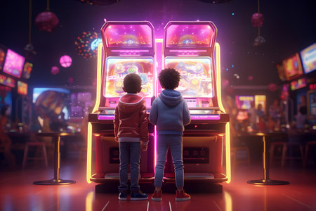 Two boys playing slot machines in a casino. 3d rendering.の素材