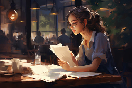 Beautiful woman reading a book in a cafe. 3d renderingの素材