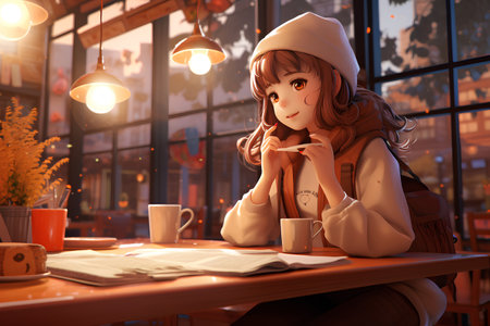 Beautiful asian girl in a cafe.3d rendering.の素材