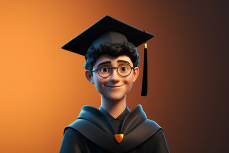 Young man wearing graduation cap and glasses. 3d render illustration.の素材