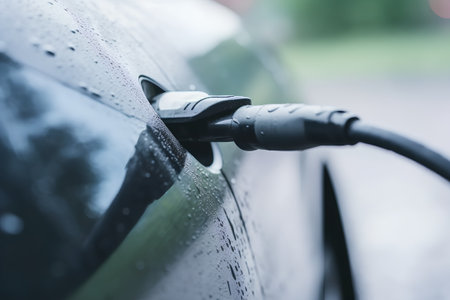 Charging an electric car with a plug, close-up.の素材
