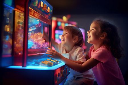 Little girls playing arcade games. Children having fun at home. Toned image.の素材