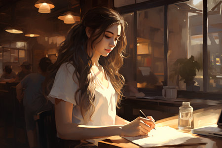 Beautiful young woman is writing something in a notebook in a cafe.の素材
